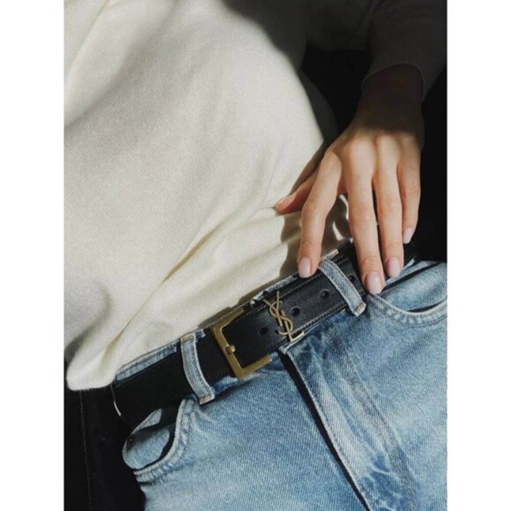 YSL Cassandre Smooth Leather Belt in Black Size 85